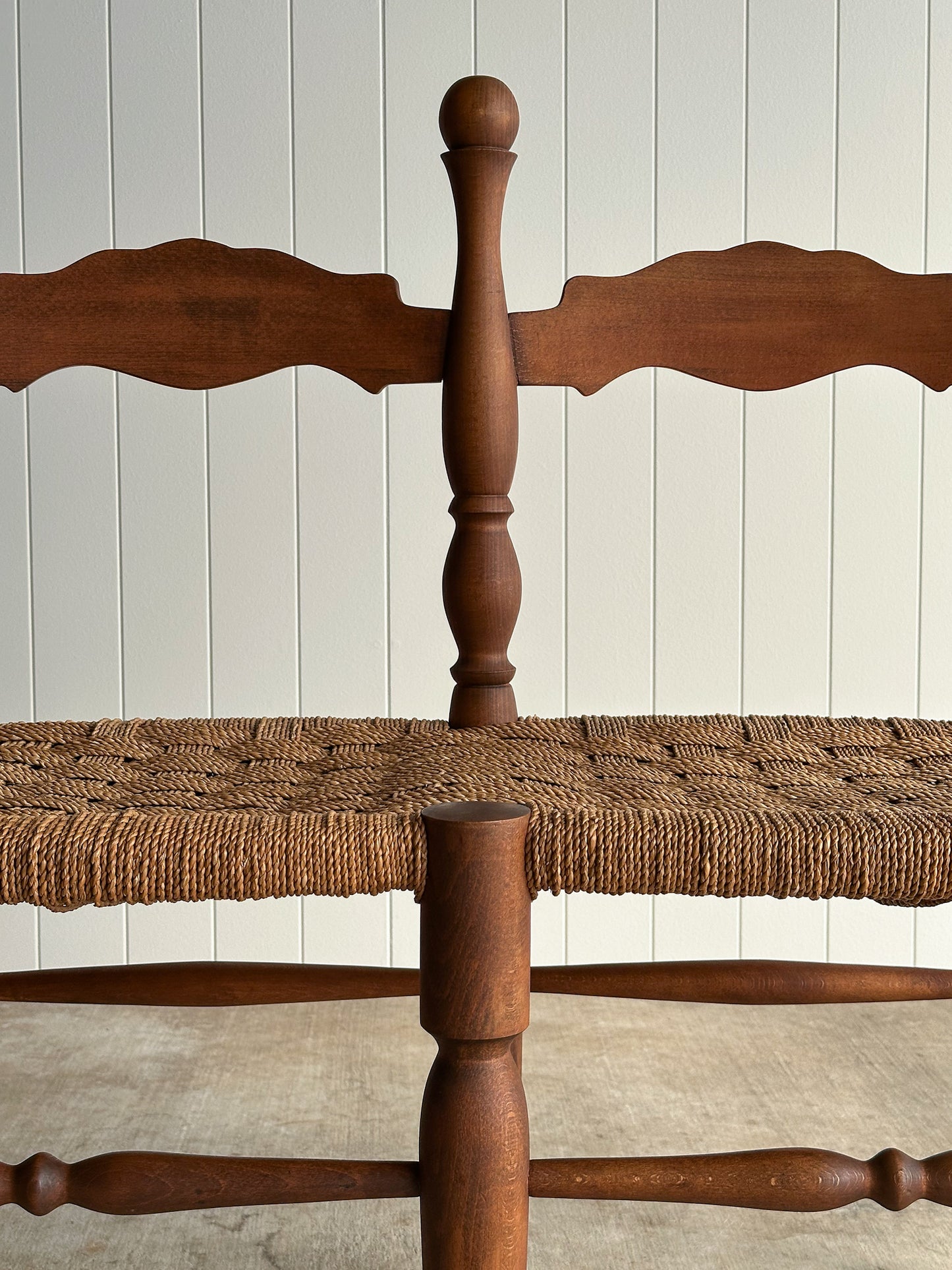 Vintage Sculptural Turned Wood Double Bench with Woven Rope Seat, c. 1950