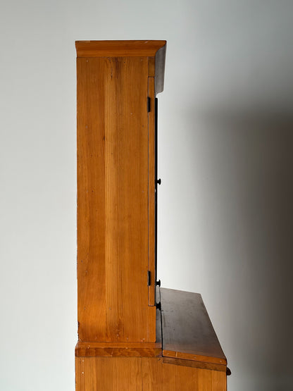 Pine Fall-Front Secretary Desk with Glass-Front Bookcase, Circa 1840s