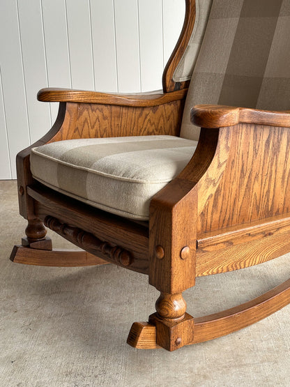 Studio Craft Oak Wingback Rocking Chair With Carved Rail, C. 1970s