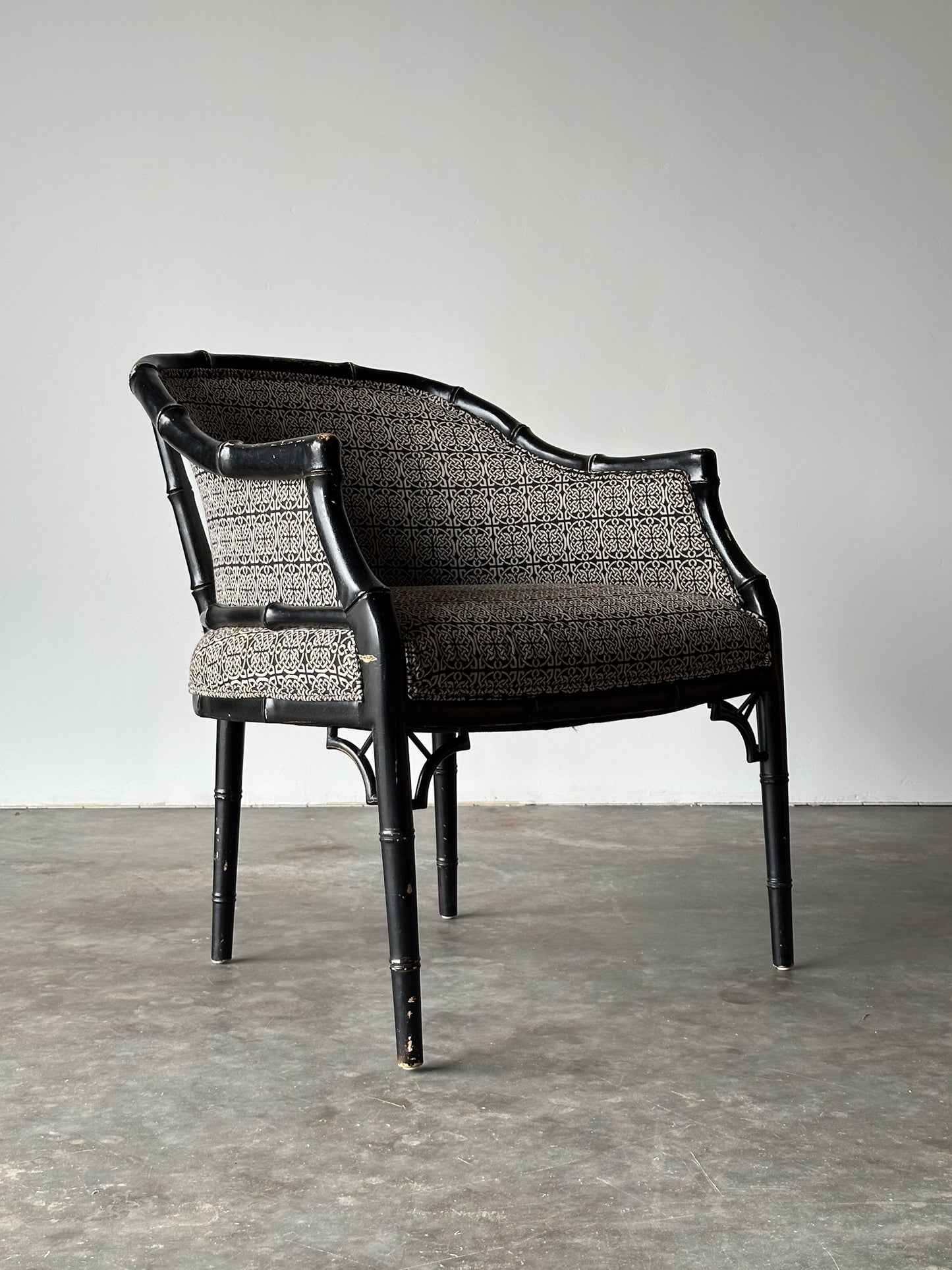 Vintage Black Lacquered Faux Bamboo Barrel-Back Armchair