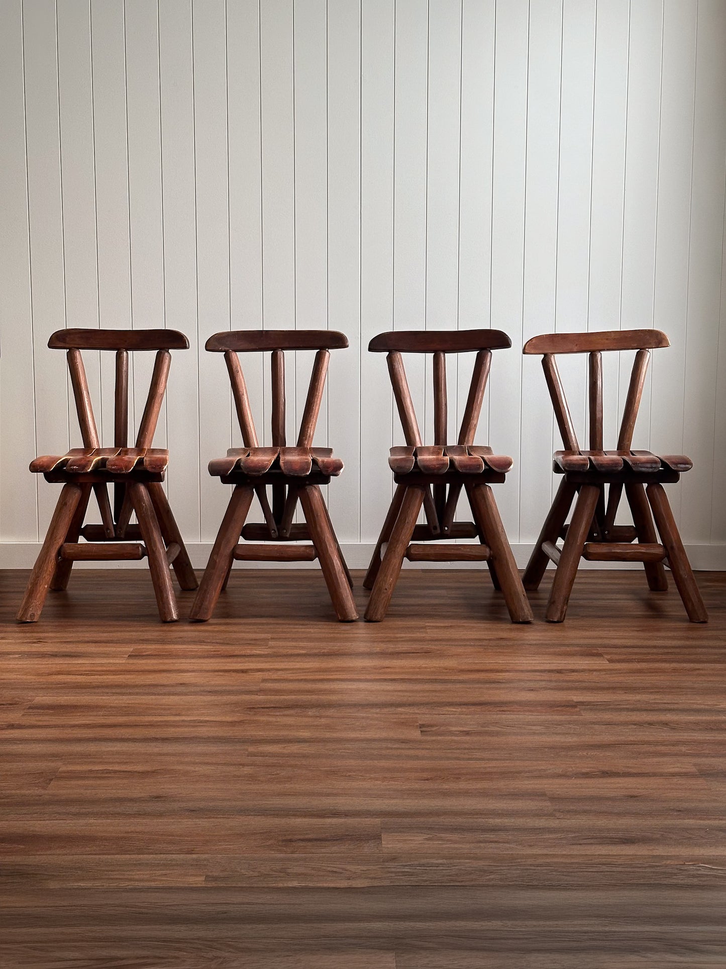 1960s Vintage Brutalist Wabi-Sabi Wood Dining Chairs, Set of Four