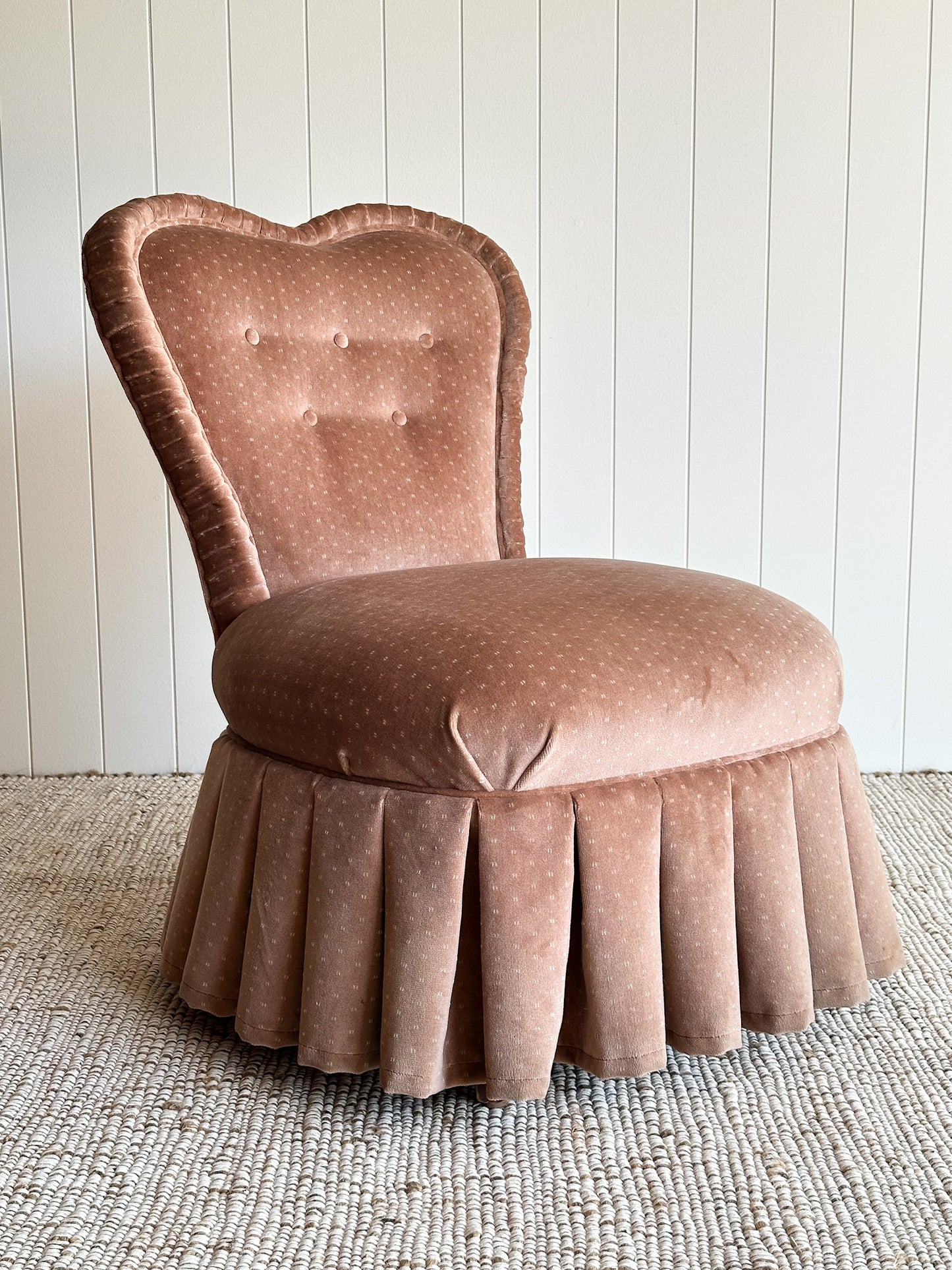 Vintage Blush Velvet Slipper Chair with Pleated Skirt