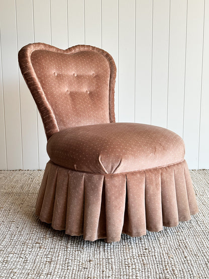 Vintage Blush Velvet Vanity Slipper Chair with Pleated Skirt