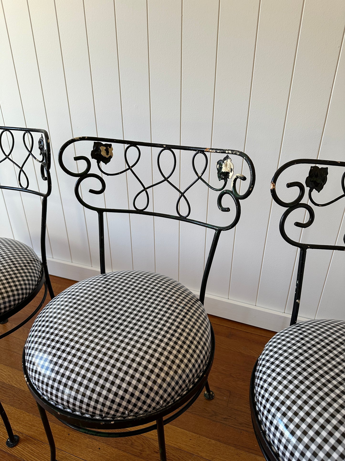 Vintage Wrought Iron Dining Chairs With Gingham Seats, Set of Four