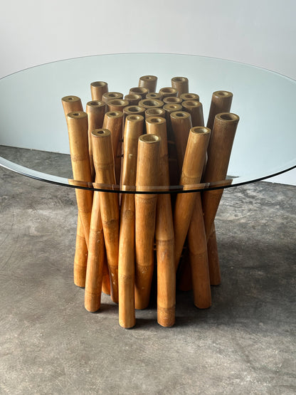 Bundled Bamboo Round Glass Dining Table, Budji Layug, 1970s