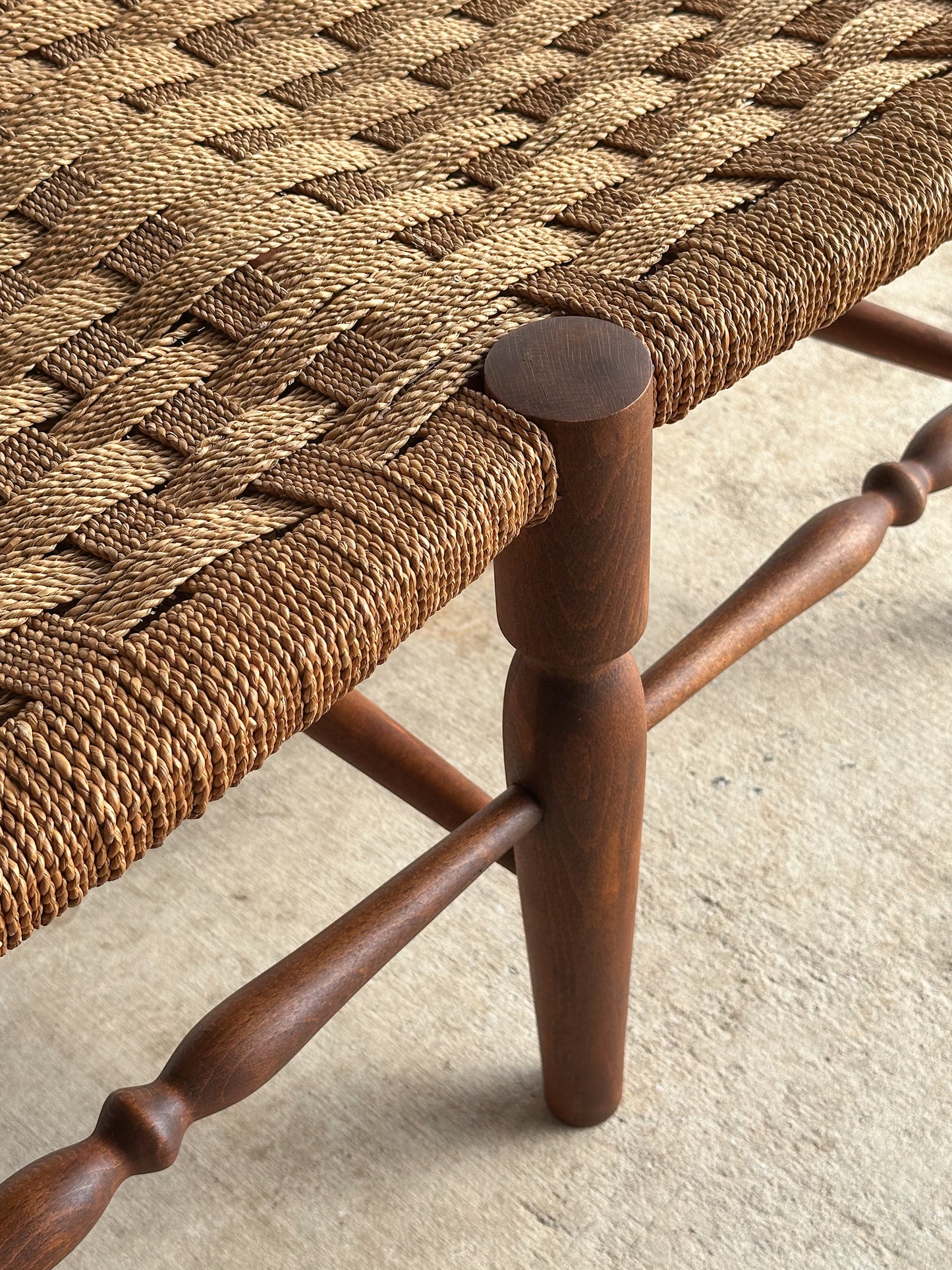 Vintage Sculptural Turned Wood Double Bench with Woven Rope Seat, c. 1950
