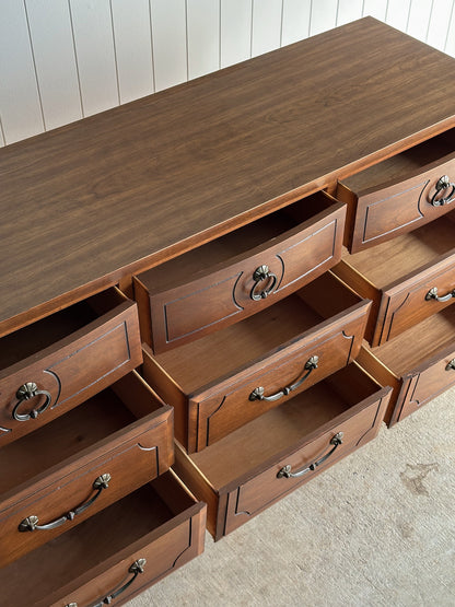 Vintage Ward Walnut Nine-Drawer Triple Dresser with Fluted Details