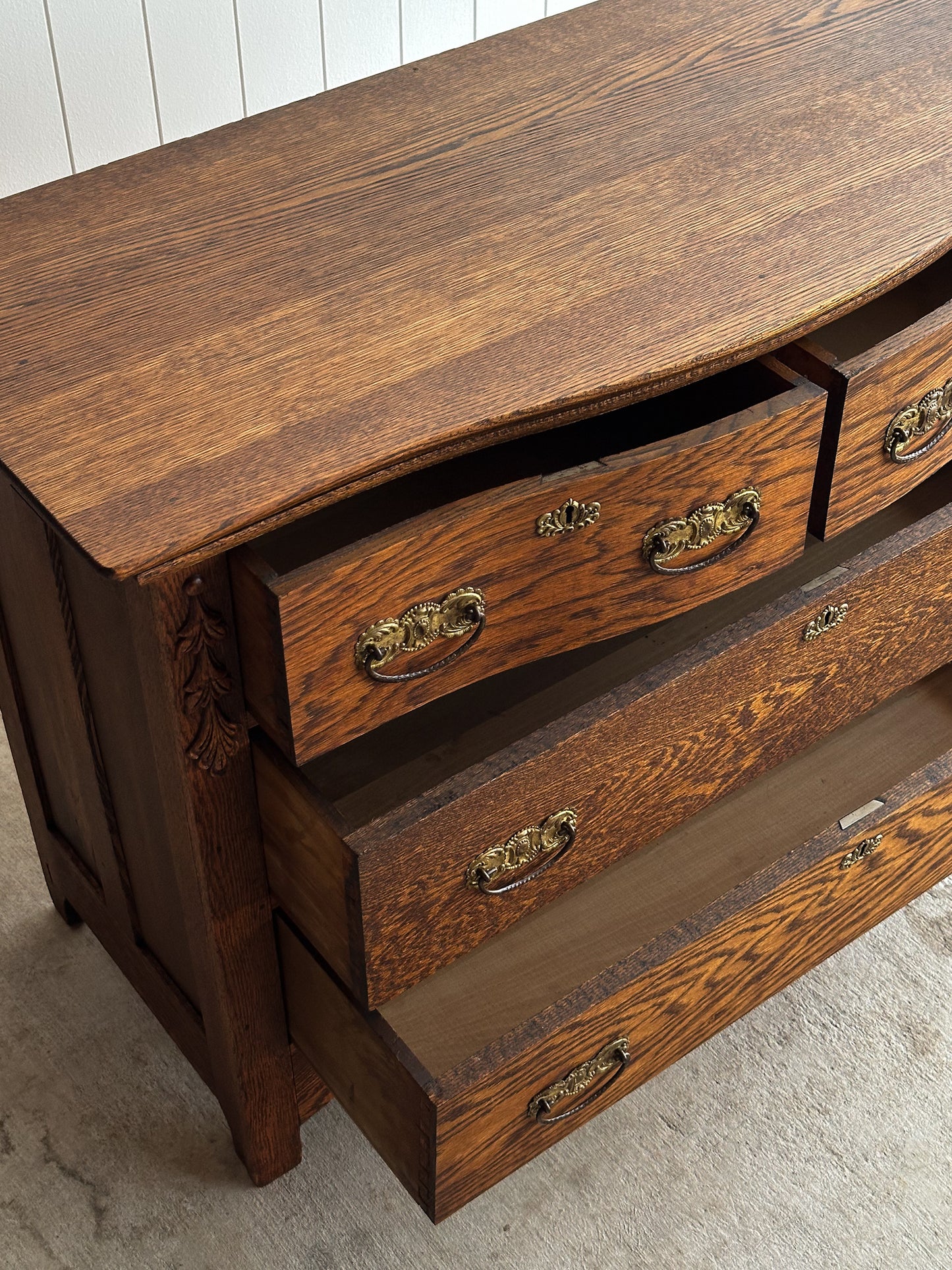 Antique Cathedral-Grain Oak Serpentine Chest of Drawers