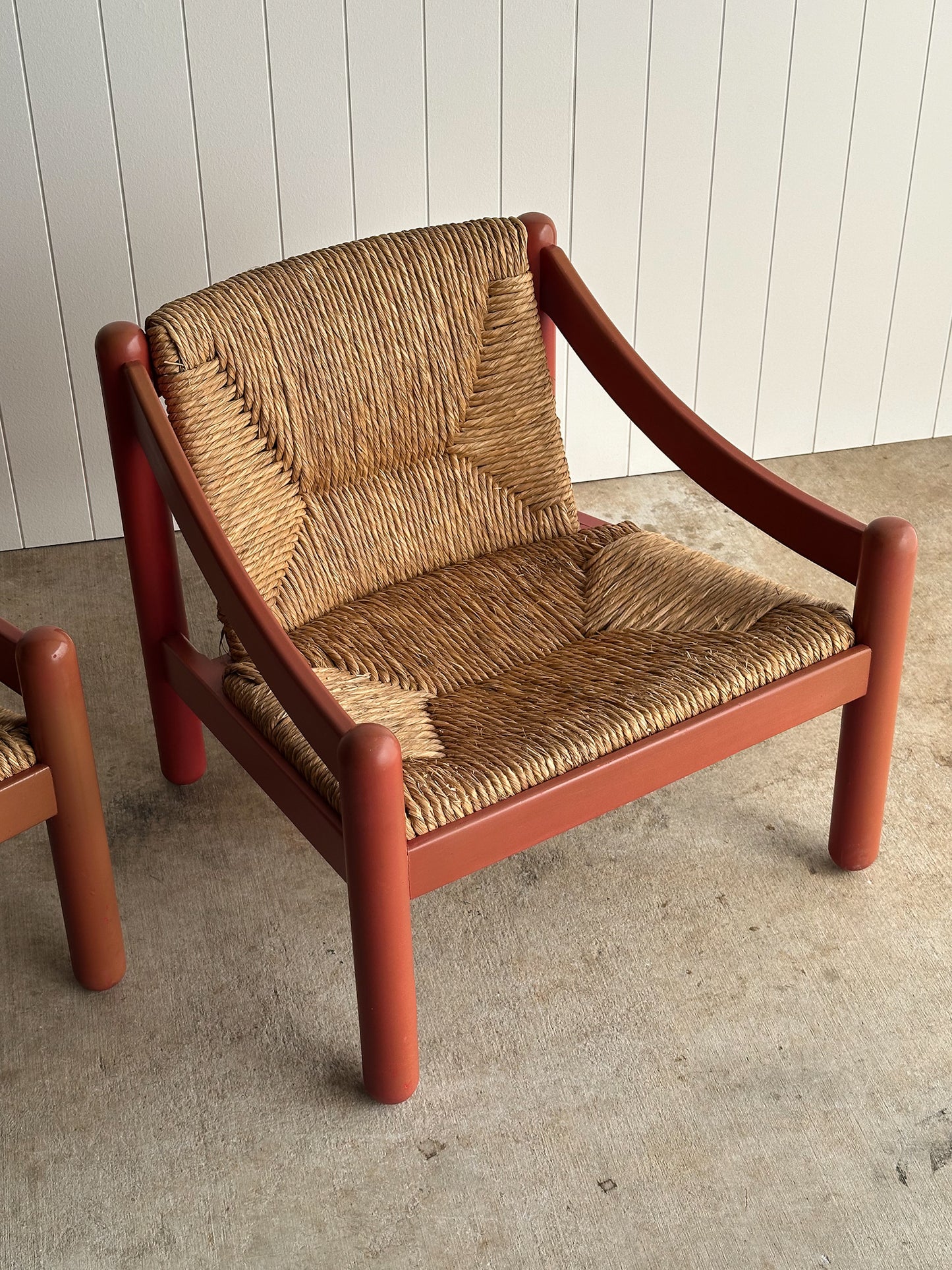 Pair of Vintage Red Lacquered Rush Lounge Chairs, Attributed to Vico Magistretti