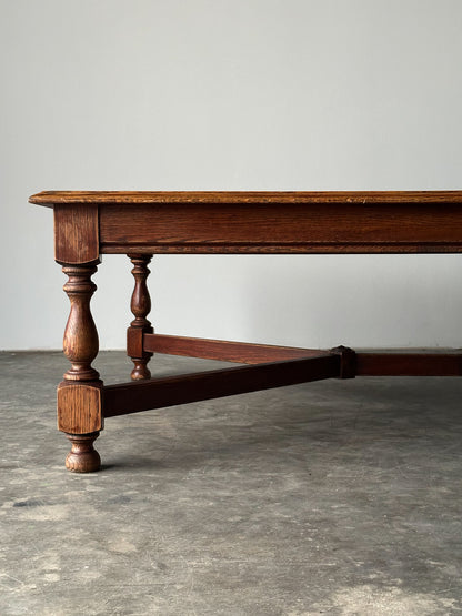 Hand-Laid Stone Mosaic Coffee Table on Vintage Oak Trestle Base