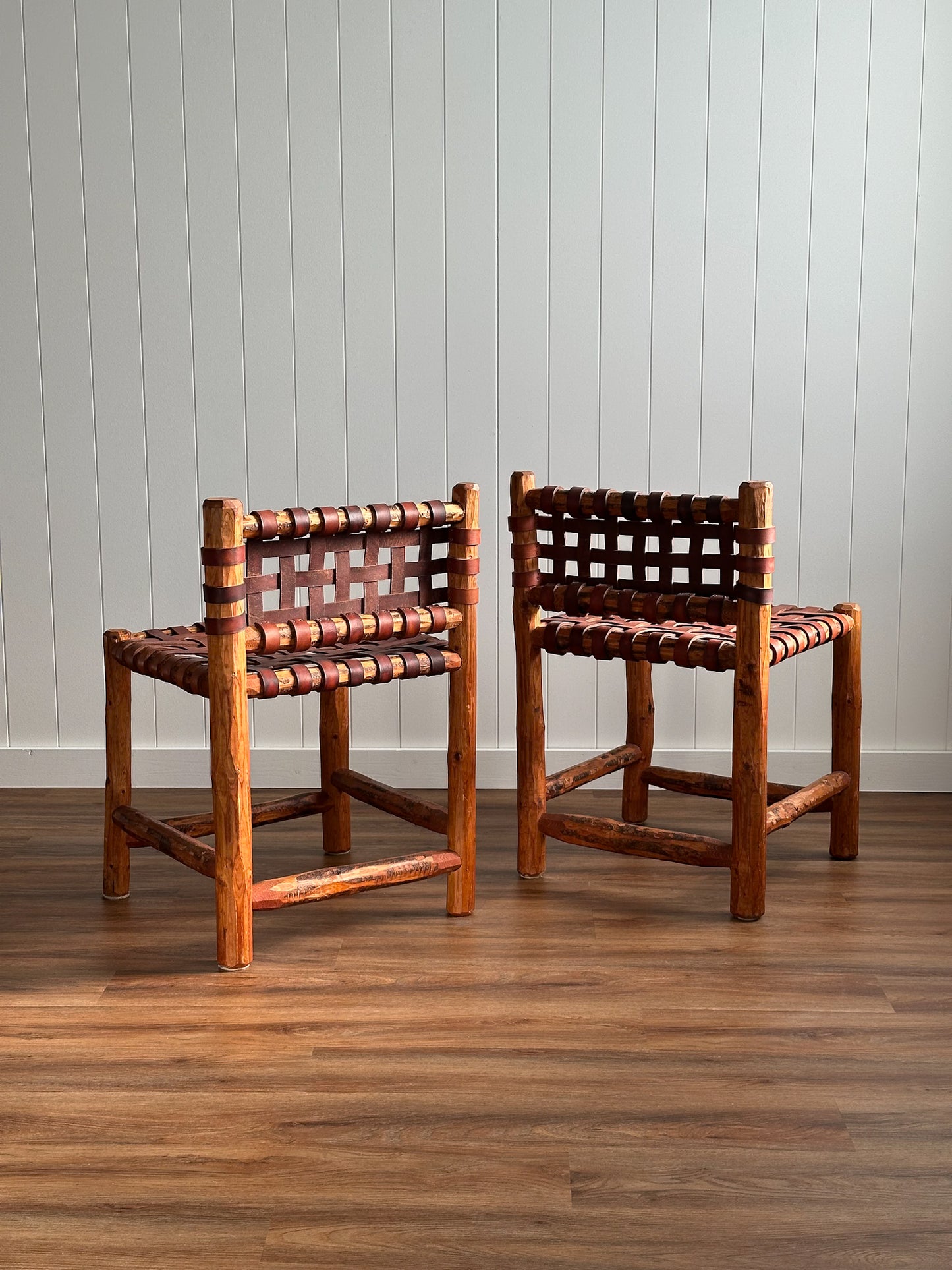 1940s Tuscan Leather Strap & Wood Dining Chairs, Set of Four