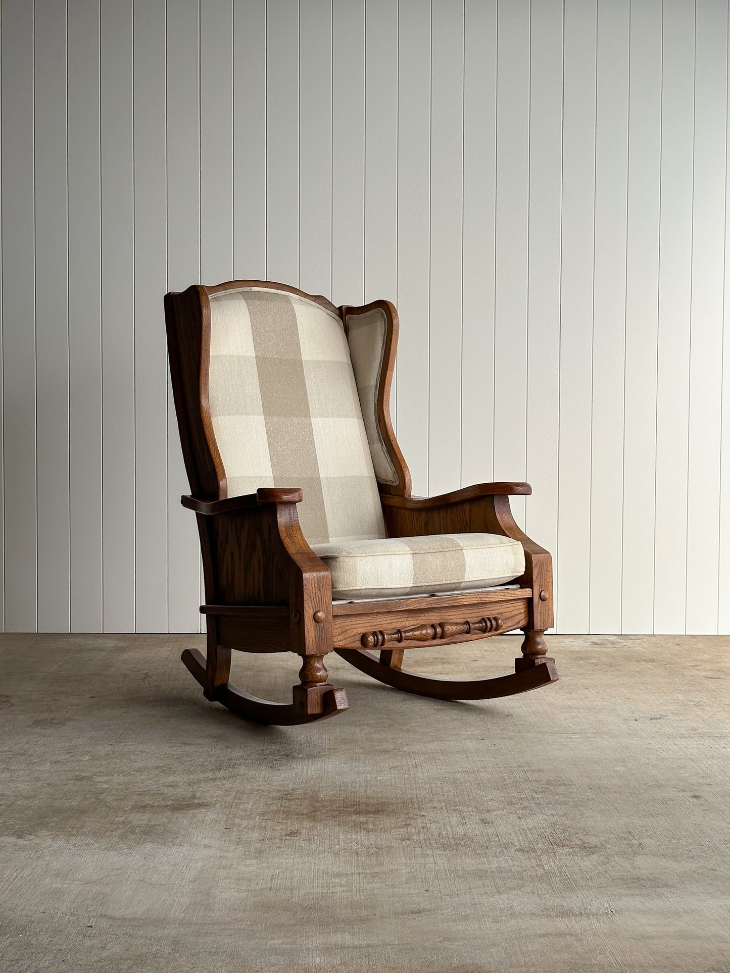 Studio Craft Oak Wingback Rocking Chair With Carved Rail, C. 1970s
