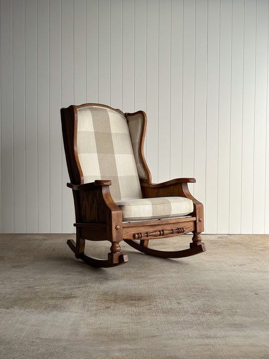 Studio Craft Oak Wingback Rocking Chair With Carved Rail, C. 1970s