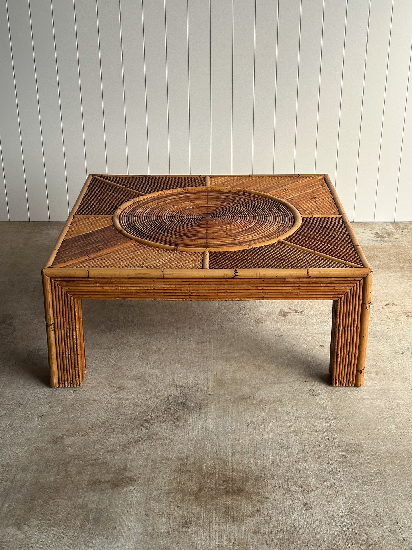 Vintage Monumental Rattan Sunburst Coffee Table, C. 1970s