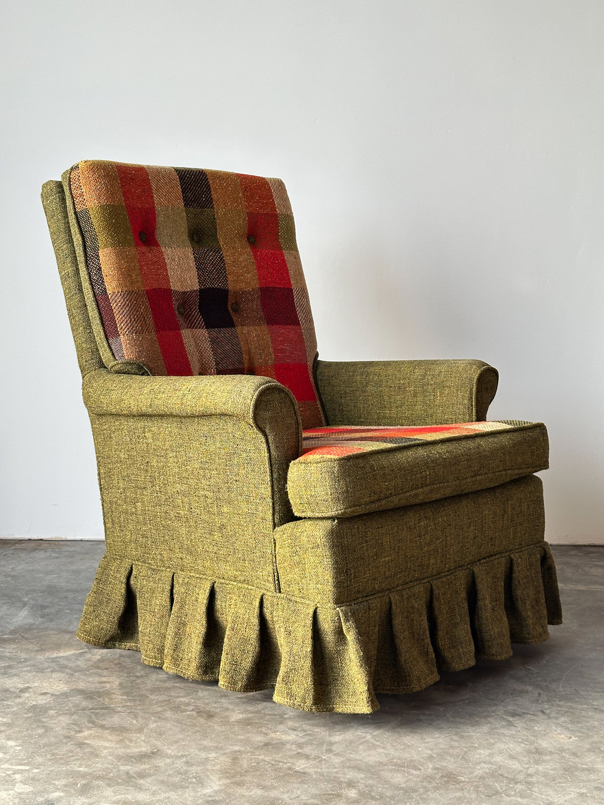 Olive Tweed Swivel Rocker with Patchwork Plaid Upholstery, 1970s