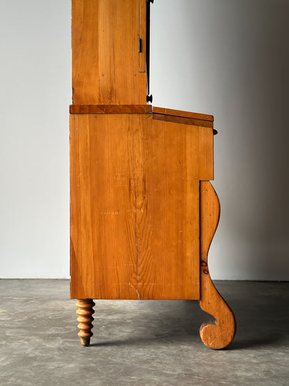 Pine Fall-Front Secretary Desk with Glass-Front Bookcase, Circa 1840s