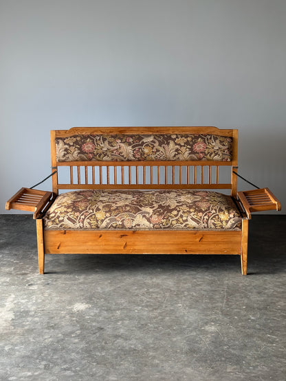 Pine Bench Fold-Out Daybed With Hidden Storage, Central Europe, 19th Century
