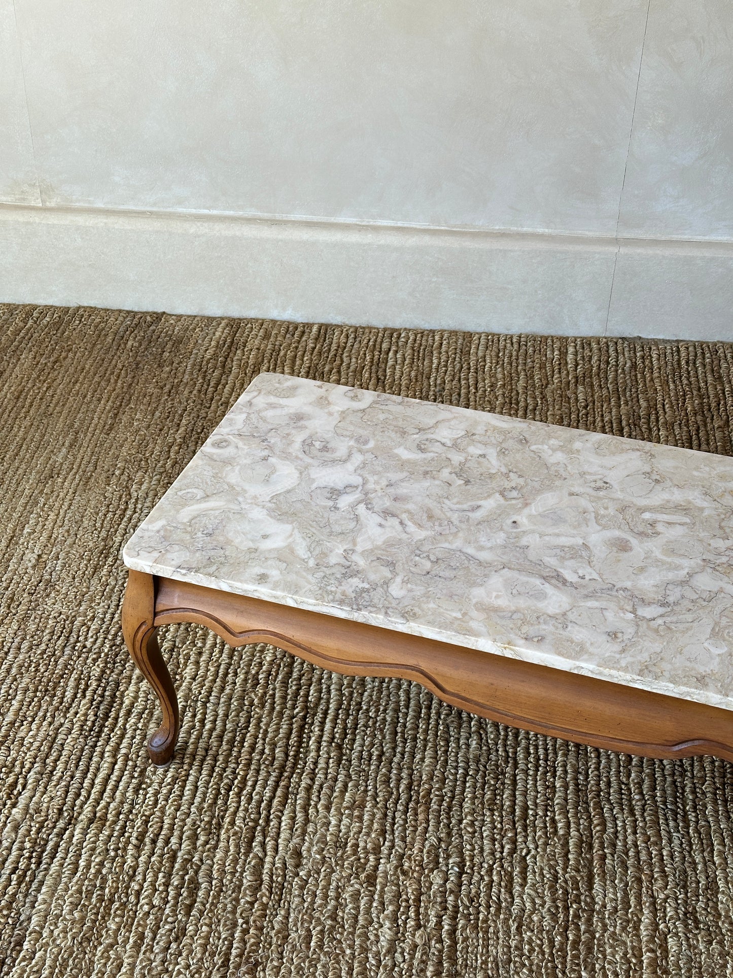 1950s French Provincial Marble and Carved Maple Coffee Table