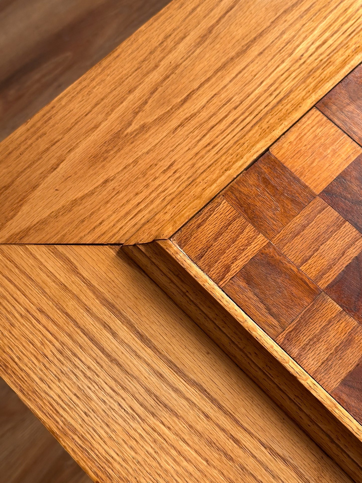 Vintage Handcrafted Oak Pedestal Game Table with Inlaid Chessboard