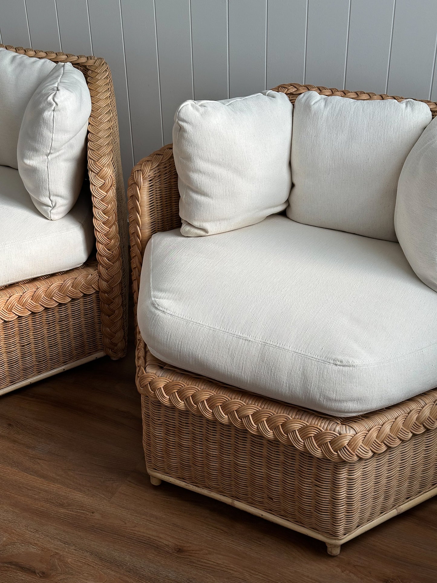 Vintage Brown Jordan Braided Wicker Lounge Chairs, Pair