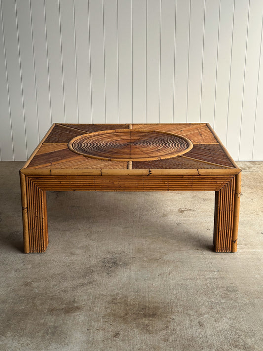 Vintage Italian Sunburst Rattan Coffee Table Attributed to Vivai del Sud, 1970s