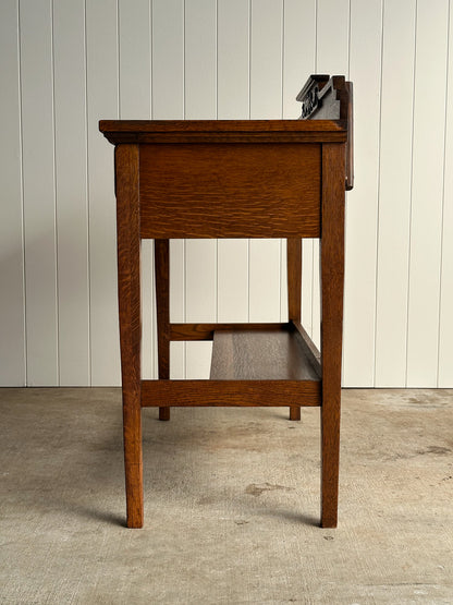 Antique Quarter Sawn Oak Console Table with Carved Gallery Back