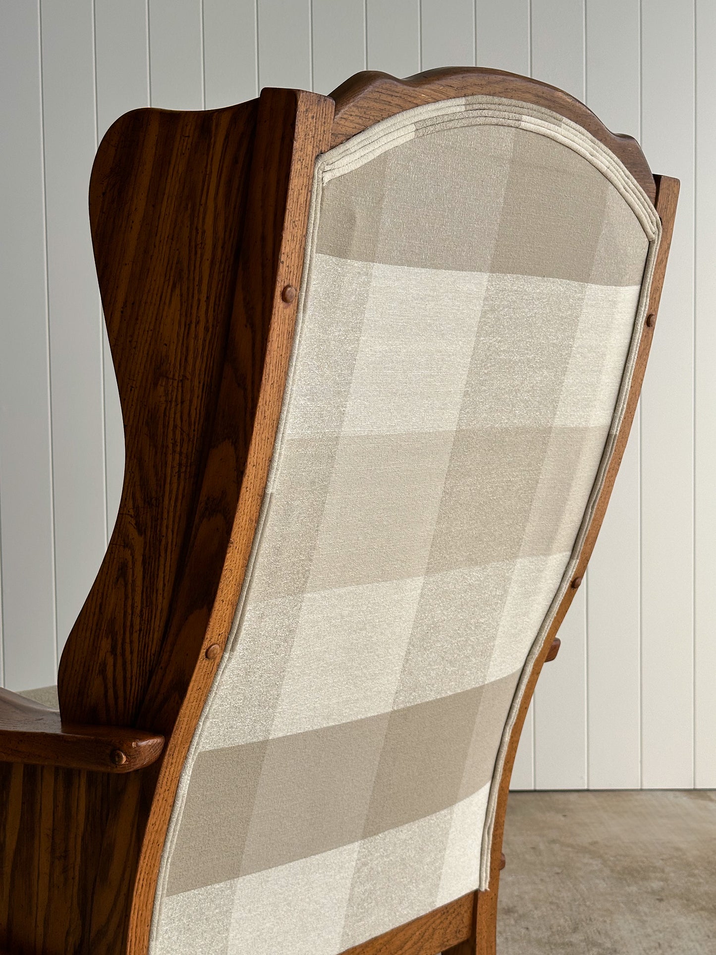 Studio Craft Oak Wingback Rocking Chair With Carved Rail, C. 1970s