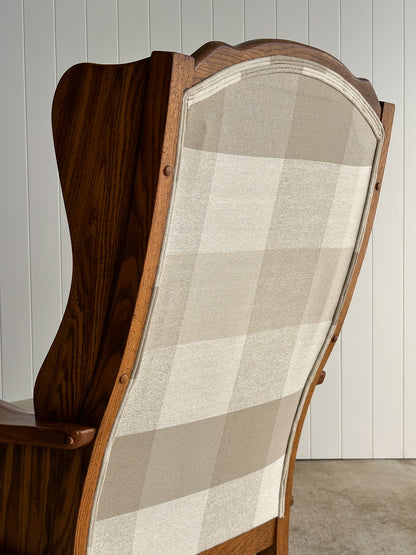 Studio Craft Oak Wingback Rocking Chair With Carved Rail, C. 1970s