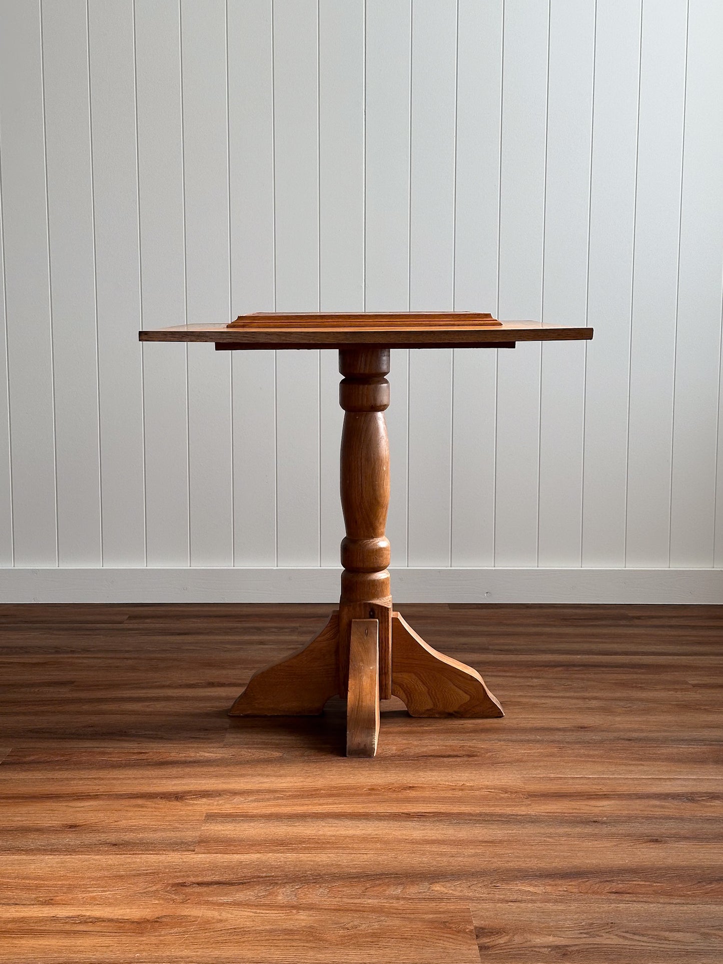 Vintage Handcrafted Oak Pedestal Game Table with Inlaid Chessboard