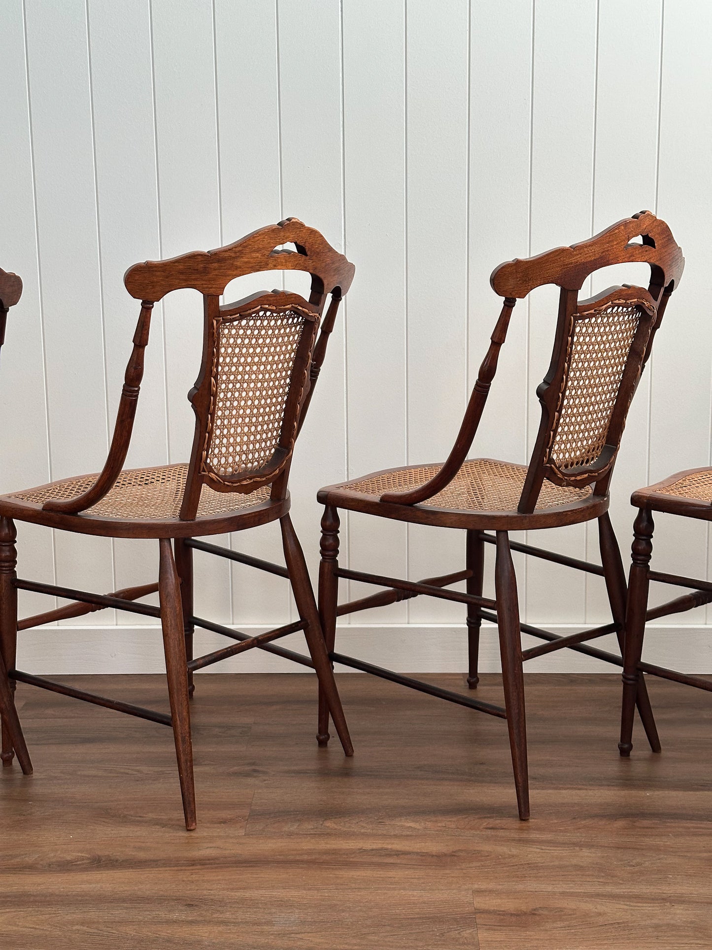 Victorian-Era Antique Cane & Wood Dining Chairs, Set of Four