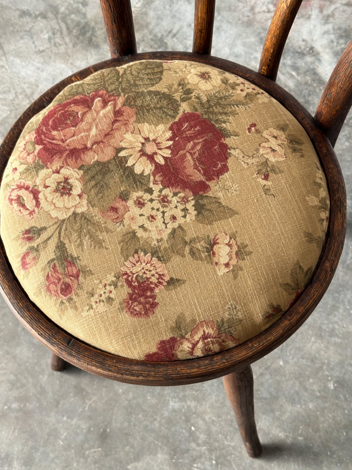 Bentwood Oak Café Chairs W/ Rose Floral Seats, 1933 World's Fair, Set of 7