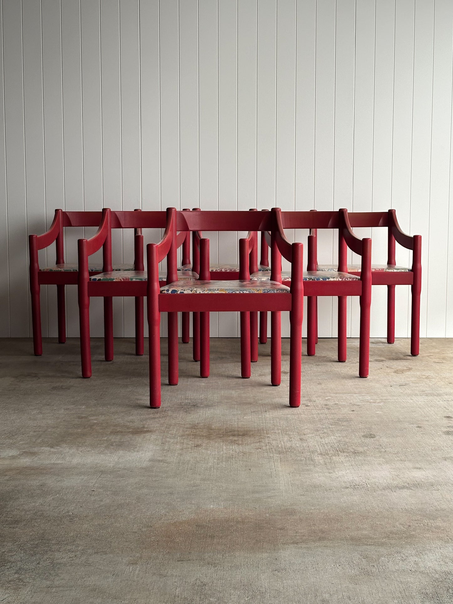 Set of Six Vintage Red Lacquered Dining Armchairs, Attributed to Vico Magistretti