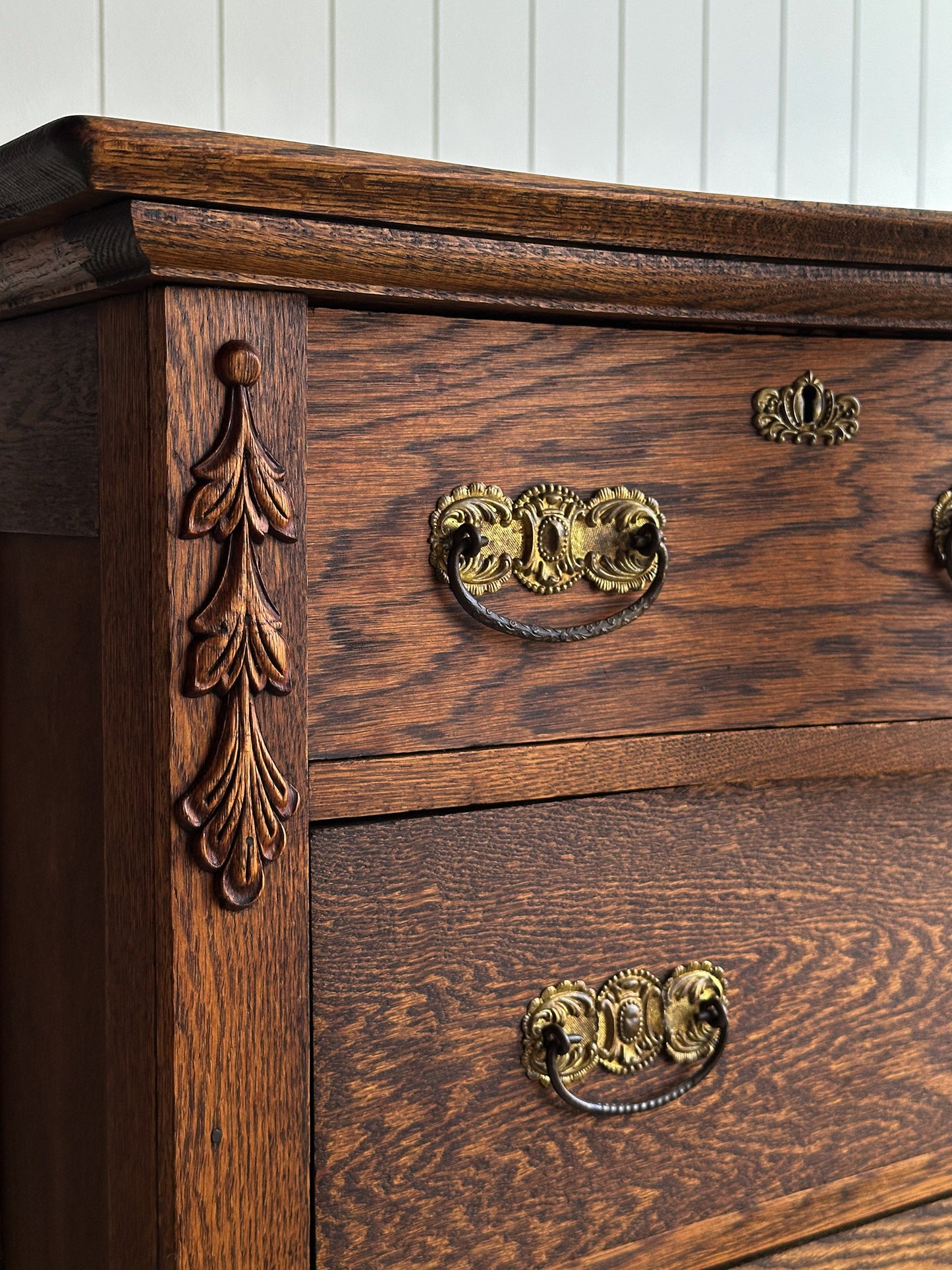 Antique Cathedral-Grain Oak Serpentine Chest of Drawers