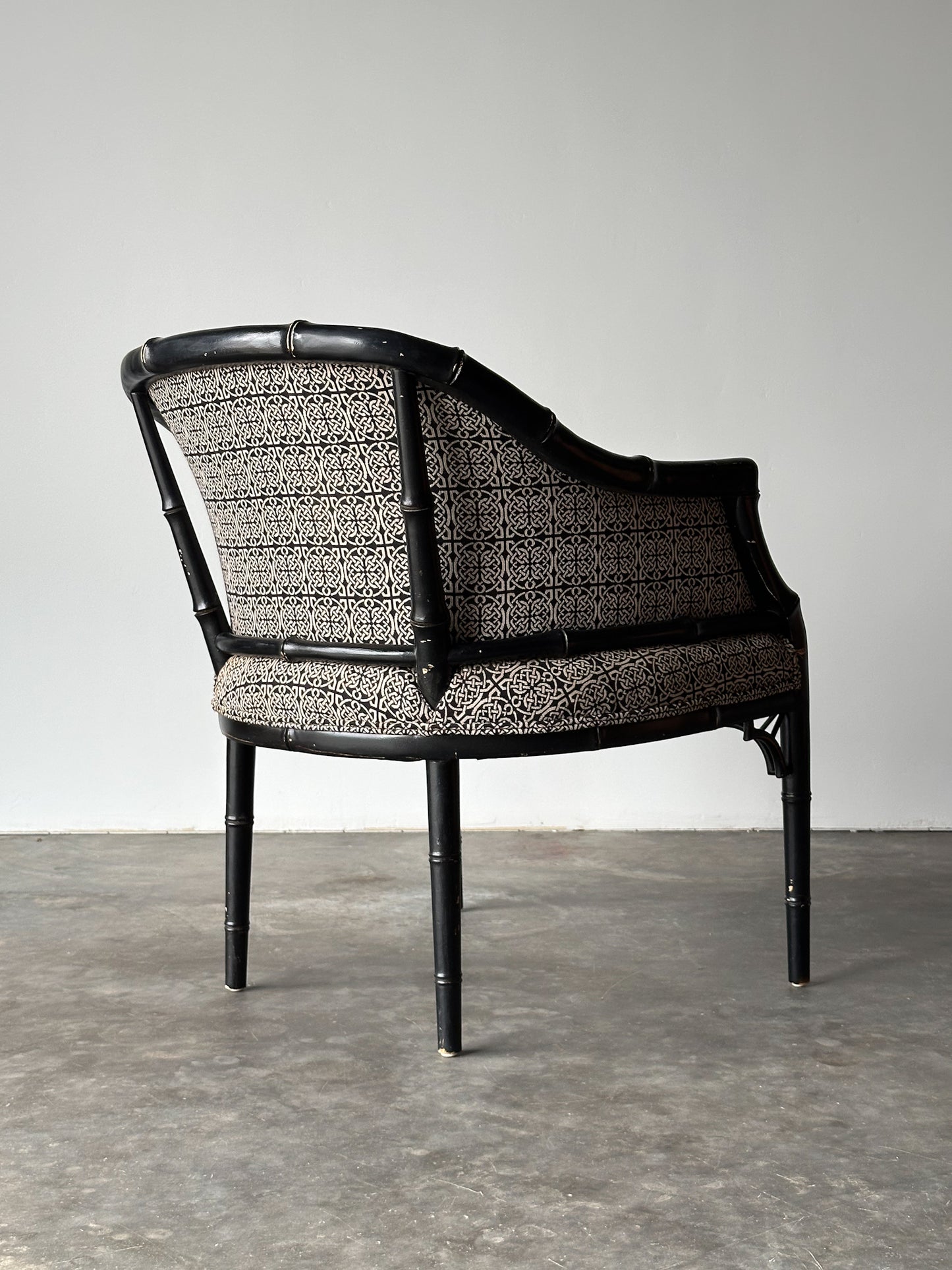 Vintage Black Lacquered Faux Bamboo Barrel-Back Armchair