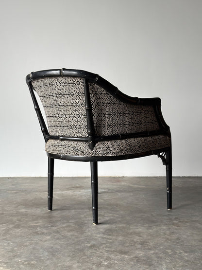 Black Lacquered Faux Bamboo Barrel-Back Armchair, 1980s