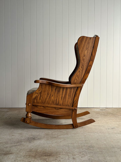 Studio Craft Oak Wingback Rocking Chair With Carved Rail, C. 1970s