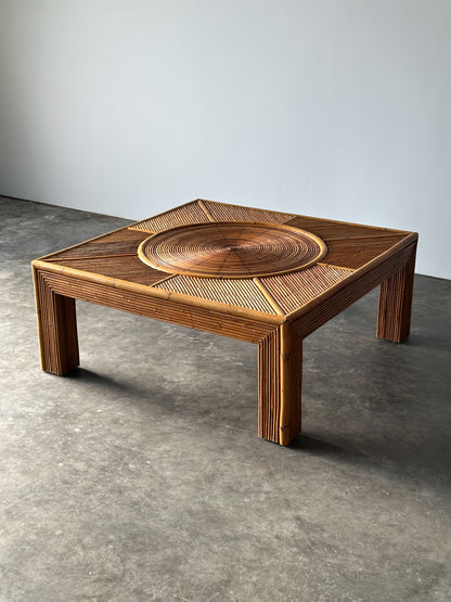 Sunburst Rattan Square Coffee Table, Vivai Del Sud, Italy, 1970s