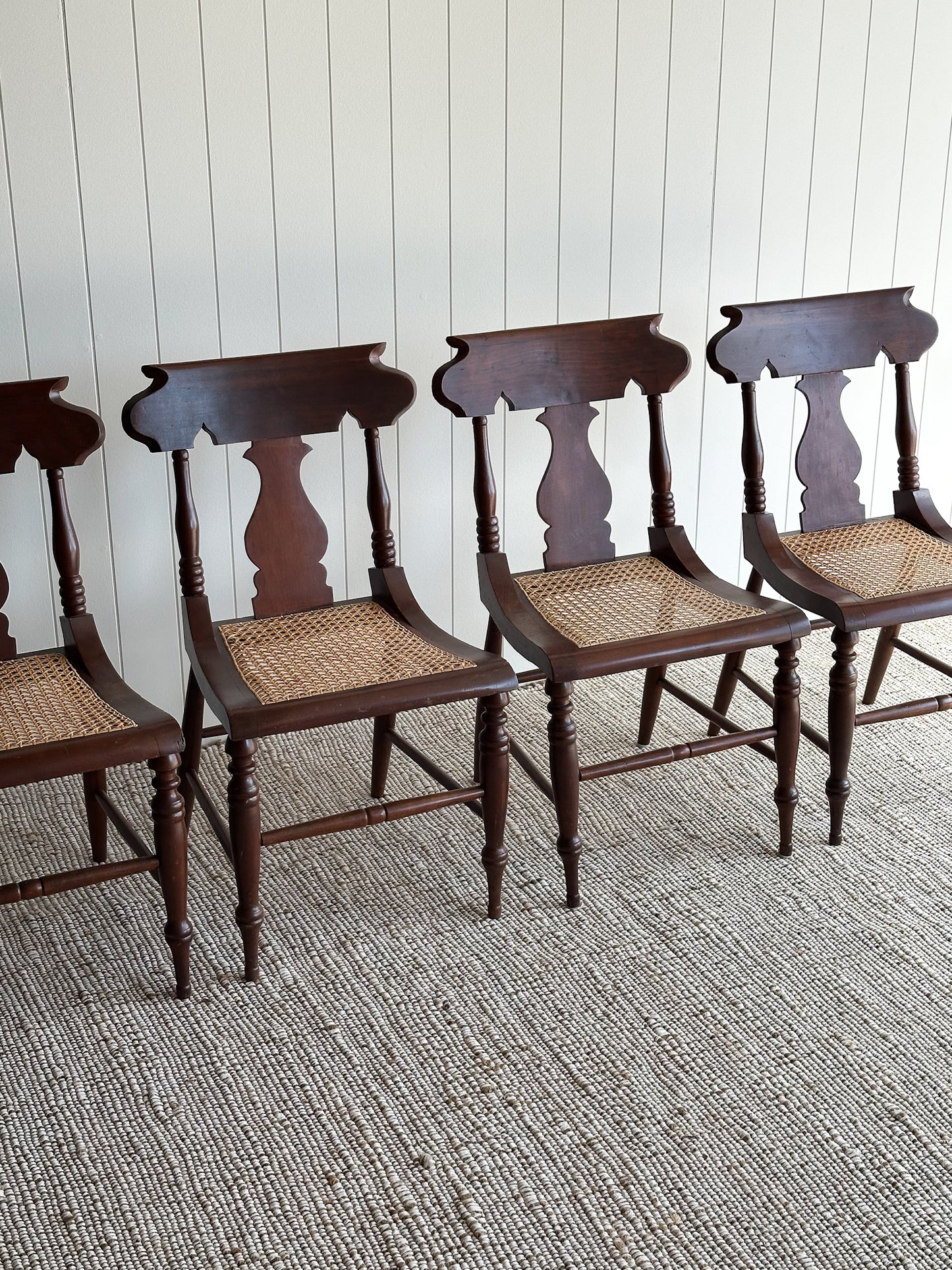 1960s Vintage Sculpted Mahogany Dining Chairs with Cane Seats, Set of 4