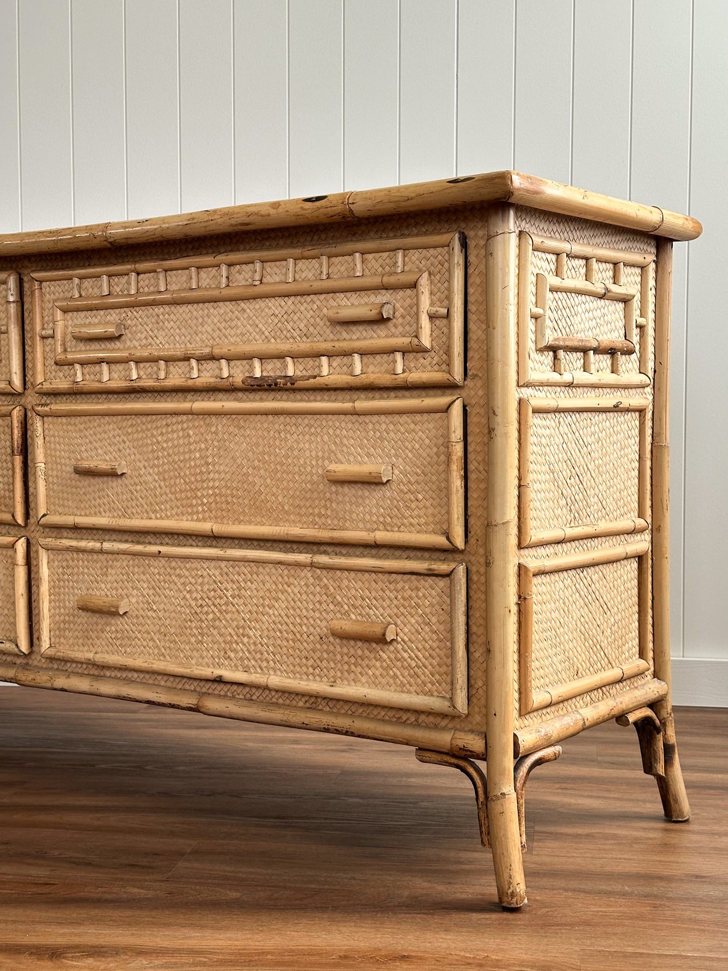 Vintage Coastal Woven Rattan Six-Drawer Dresser