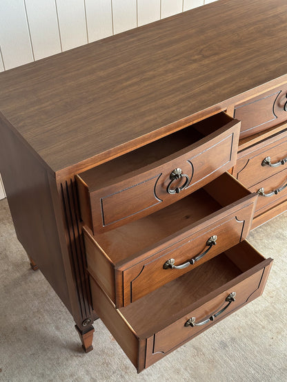 Vintage Ward Walnut Nine-Drawer Triple Dresser with Fluted Details