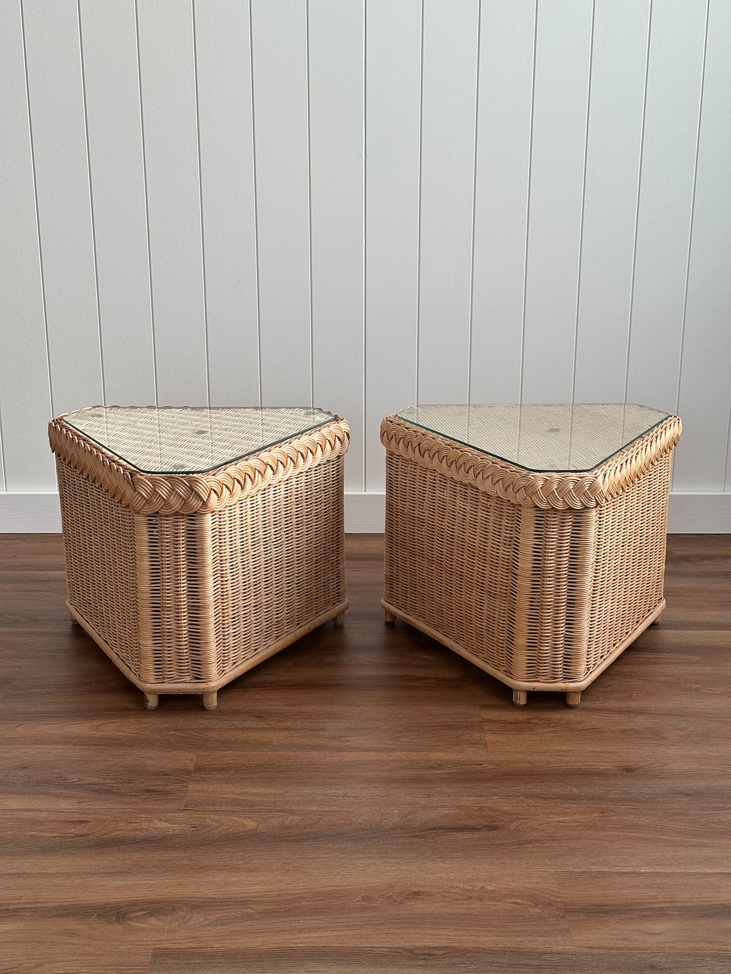 Vintage Brown Jordan Braided Wicker Side Tables, Pair