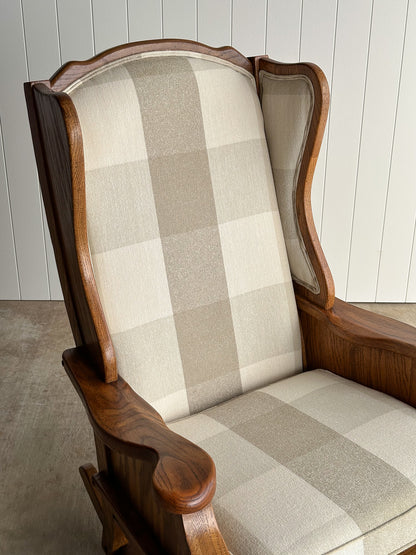 Studio Craft Oak Wingback Rocking Chair With Carved Rail, C. 1970s