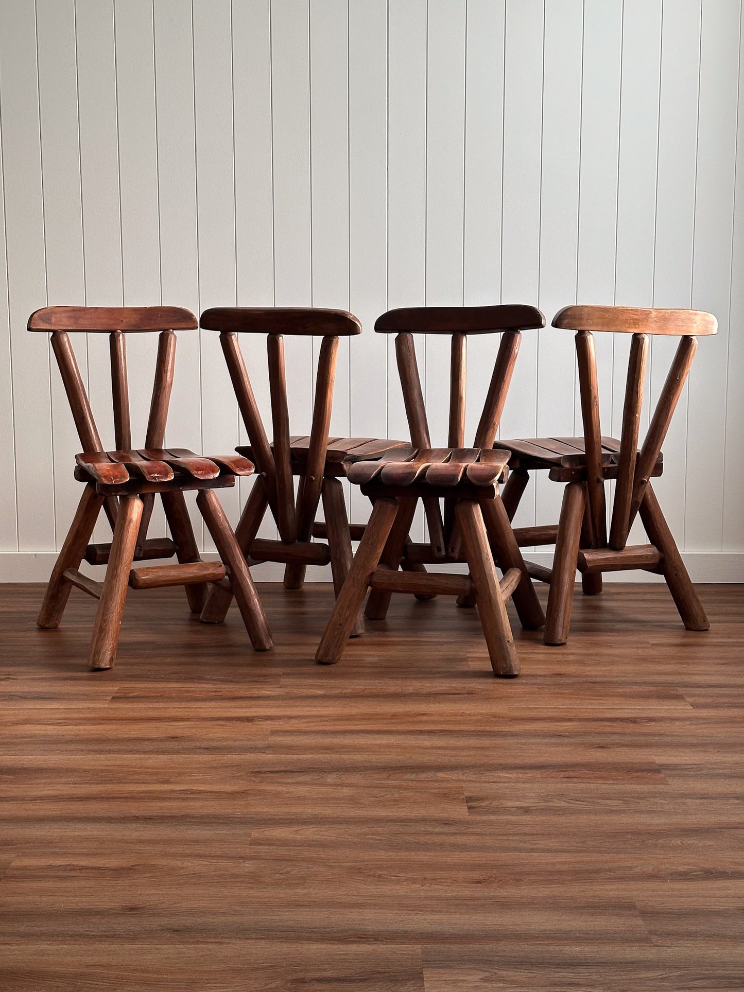 1960s Vintage Brutalist Wabi-Sabi Wood Dining Chairs, Set of Four