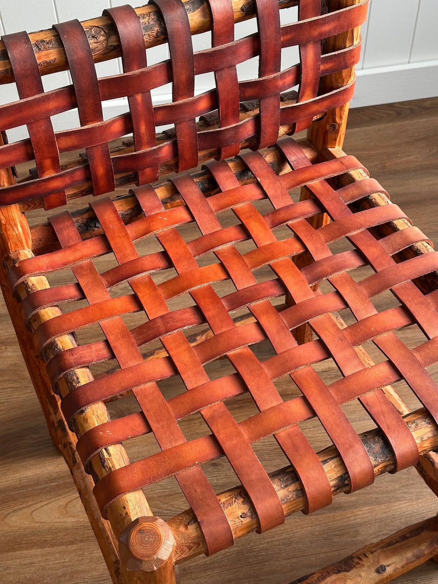 1940s Tuscan Leather Strap & Wood Dining Chairs, Set of Four