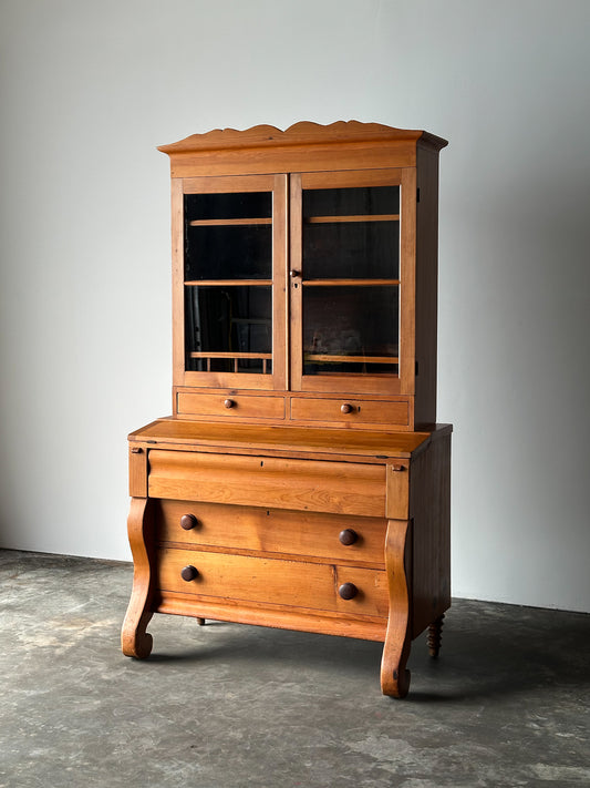 Pine Fall-Front Secretary Desk with Glass-Front Bookcase, Circa 1840s