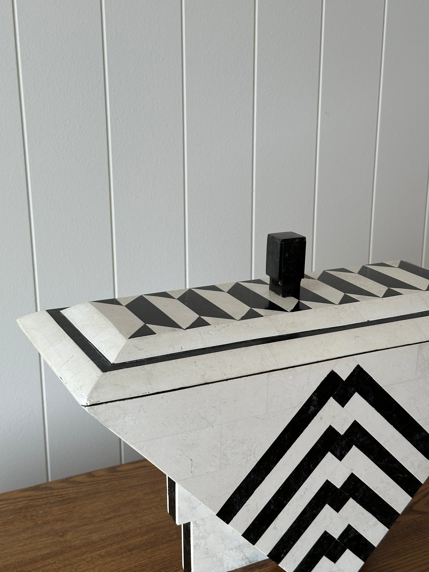 Vintage Maitland-Smith Tessellated Mactan Stone Box With Marble and Brass Inlay