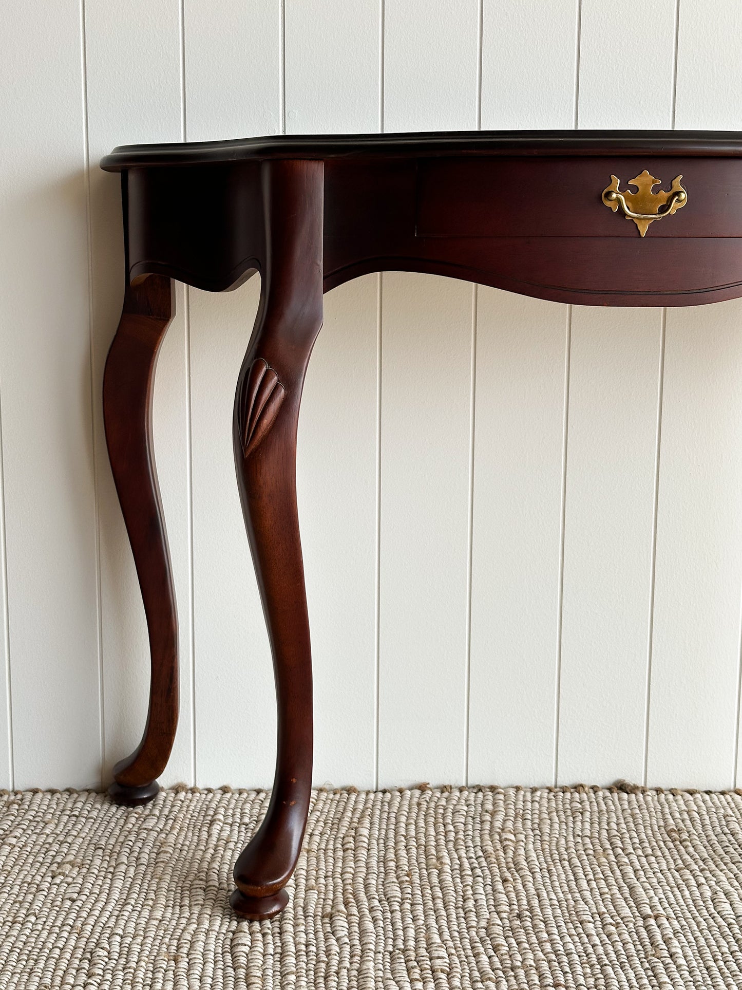 Vintage Mahogany Entry Console Table with Shaped Front and Brass Pull