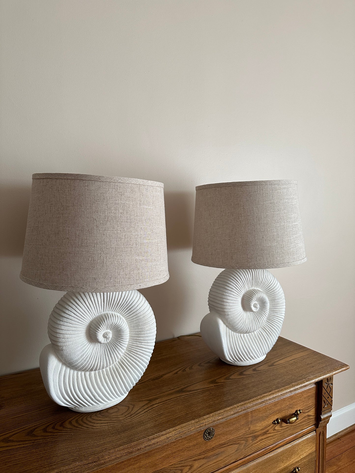 Vintage Spiral Shell Table Lamps With Linen Drum Shades - A Pair