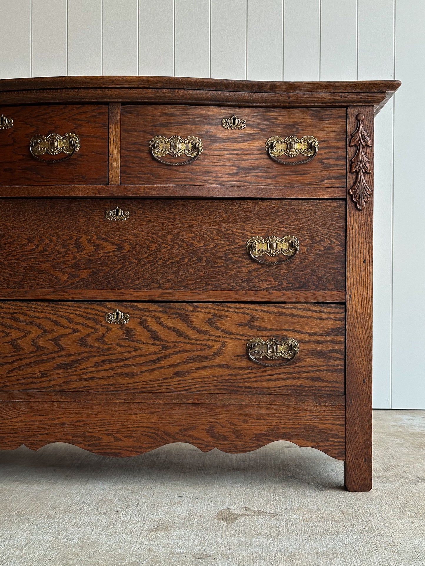 Antique Cathedral-Grain Oak Serpentine Chest of Drawers
