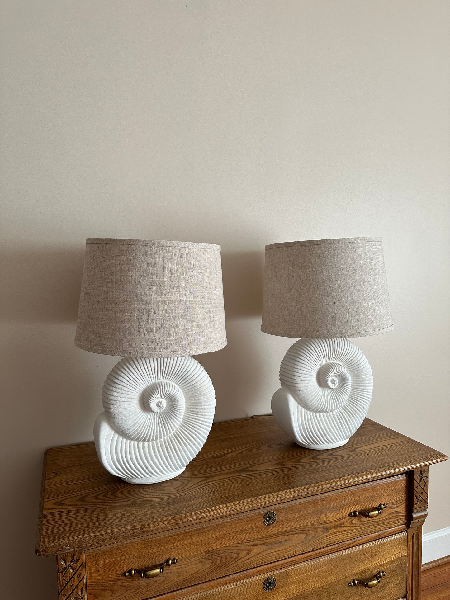 Vintage Spiral Shell Table Lamps With Linen Drum Shades - A Pair